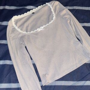 SHEIN Lace-Trimmed Light Gray Long Sleeve Top